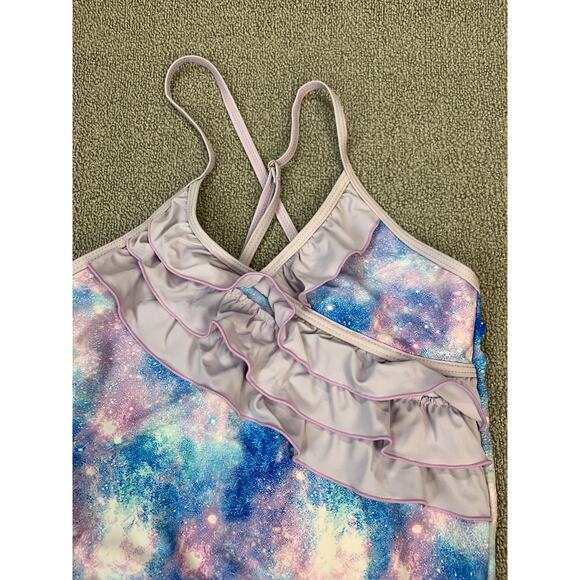 Girls One Piece Swimsuit Blue Purple Galaxy Print Ruffle Adjustable Straps Large - Picture 3 of 7